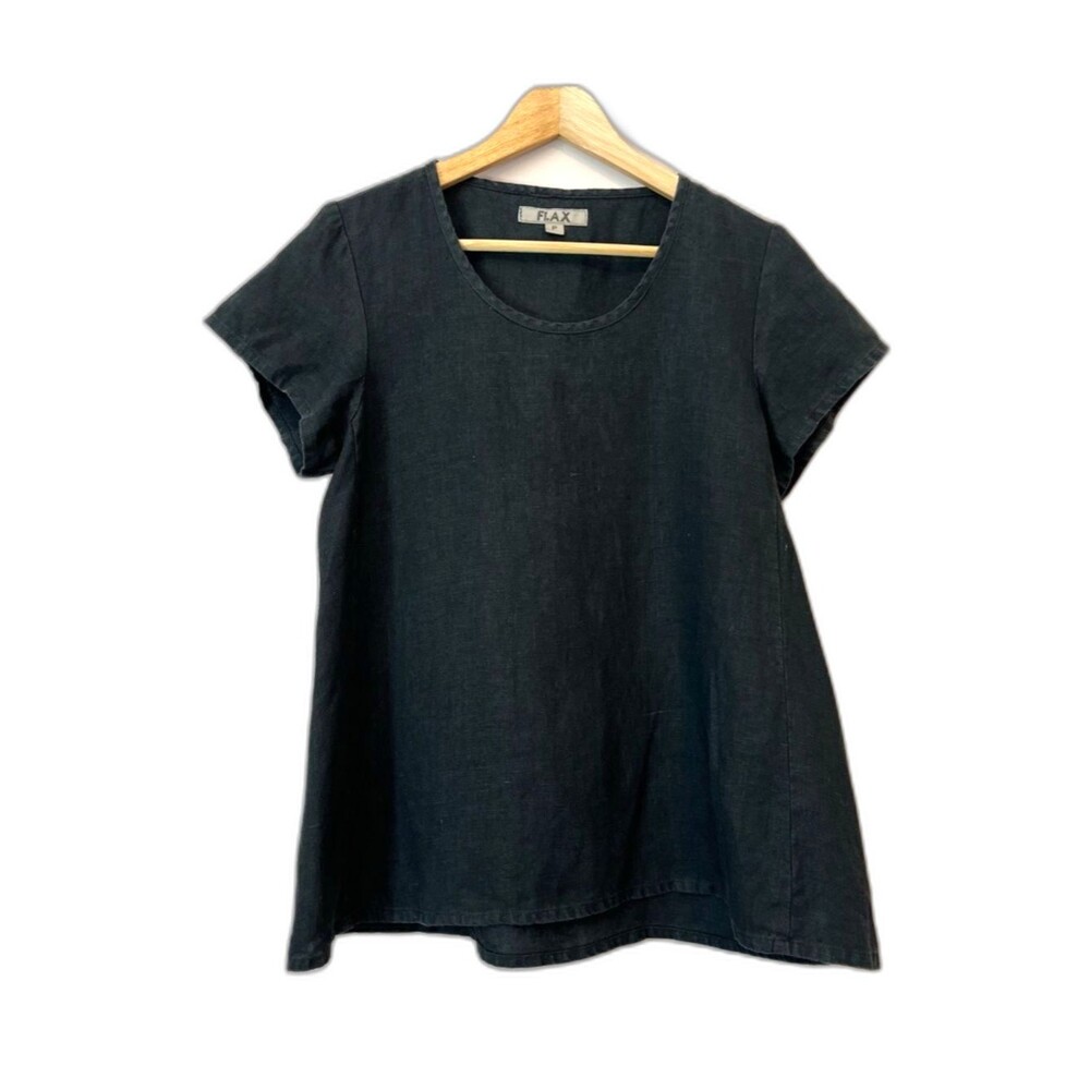 FLAX Linen Top Sz P 4/6 Washed Black A-Line Short Sleeve Lagenlook Minimalist